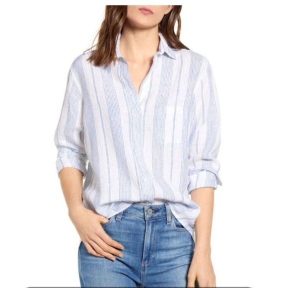 Grayson by Frank & Eileen The Hero Linen Striped Shirt Sz 03 Medium White/Blue - Picture 1 of 11